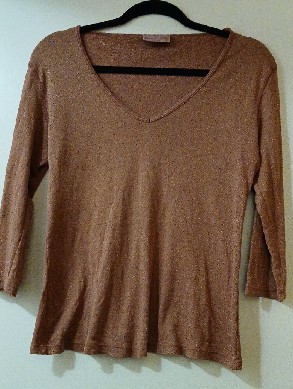 Michael Stars Desert BROWN Metallic Copper V-Neck Long Sleeve Top, S